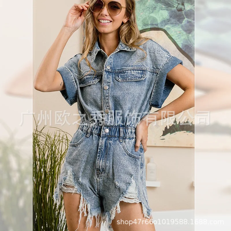 Amazon Foreign Trade2024Summer Stocking Ripped One-Piece Shorts European and American Elastic Waist Short Sleeve Denim Women's S