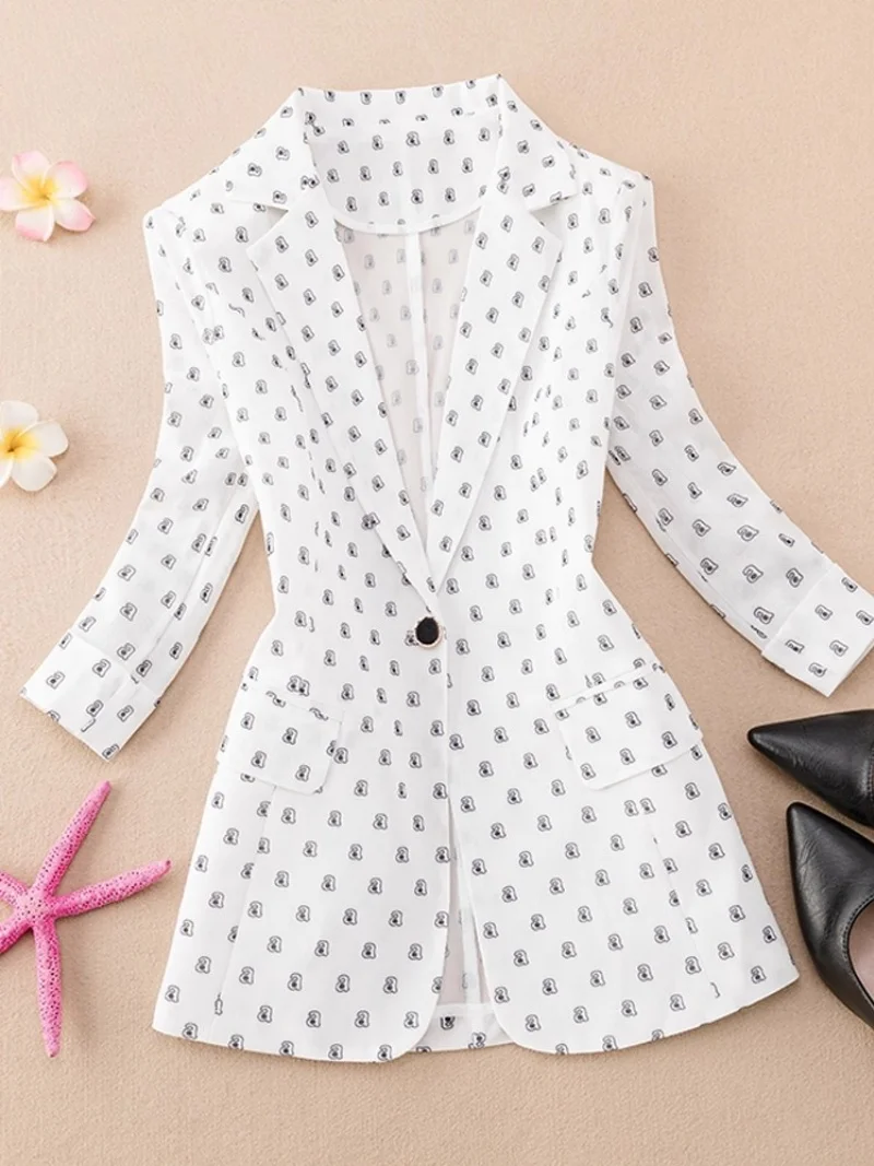 2025 Spring/Summer Thin Printed Mesh Breathable Suit Women's Seven Sleeve Short Fit Waist Jacket Top w514