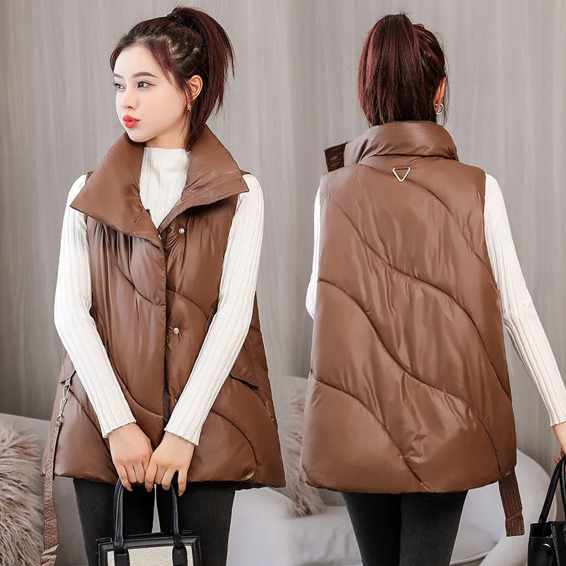 Casual Solid Warm Cotton Padded Vest Female Loose Short Waistcoat  Women's Sleeveless Winter Jacket Glossy Stand Collar Coat