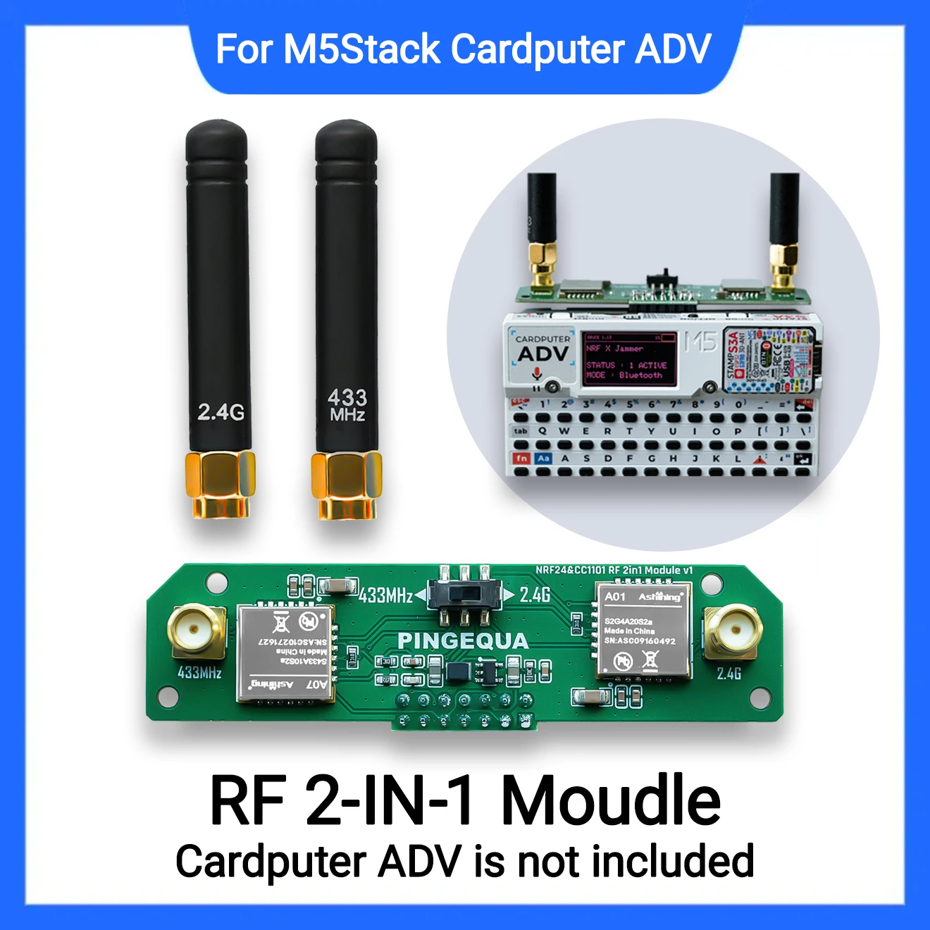 2-in-1 RF Development Board for M5Stack Cardputer ADV, Enhanced Power Filtering, Stable 2.4GHz & 433MHz Learning Module