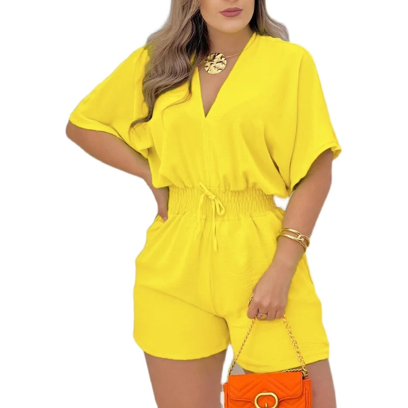 Batwing Sve irred Waist Rer  Color V-Ne Waist Cinching Commute Belted One-Piece Pants High Waist ort Pants