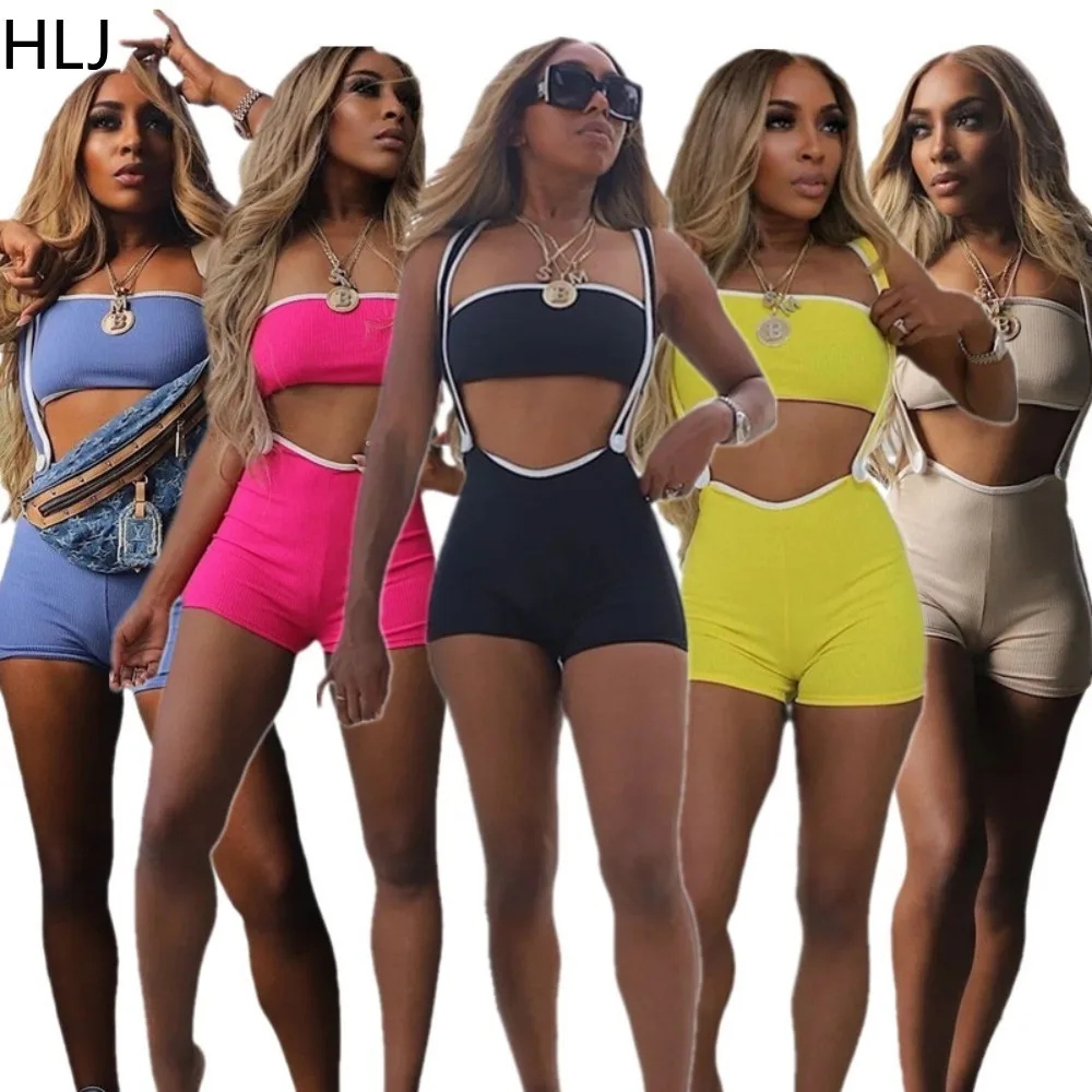 Hlj Zomer Nieuwe Effen Kleur Ribber Tweedelige Sets Vrouwen Mouwloze Backless Slanke Buis En Riem Shorts Outfits Vrouwelijke Kleding