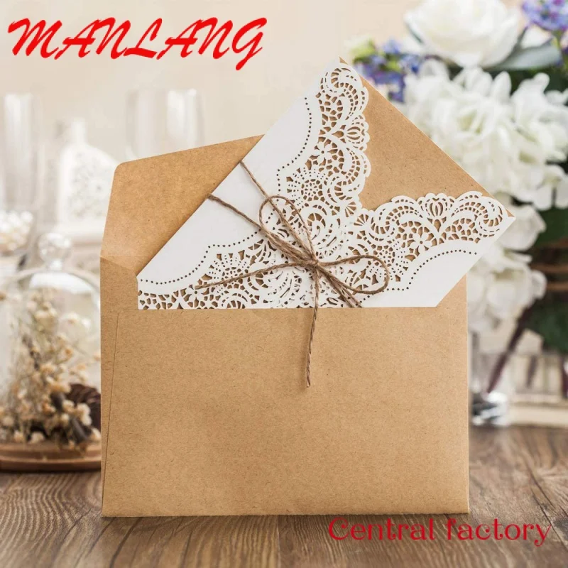 Custom  20Pcs White Laser Cut Handmade Wedding Invitations Cards Custom for Marriage Engagement with Rustic Rope Envelopes Seals