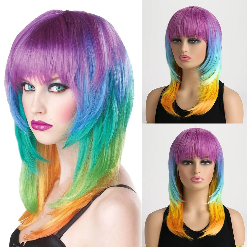 Rainbow Gradient Medium Layered Synthetic Wig With Bangs Colorful Hippie Women Carnival Halloween Pride Festival Cosplay Party