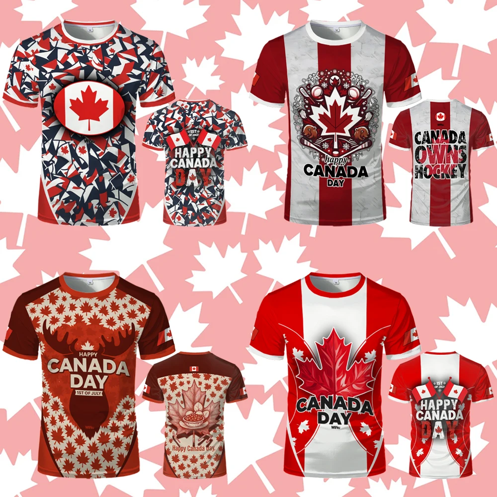 

Happy Canada Day Maple Leaf Print T-shirts Summer Breathable Lightweight T-shirt Unisex Canadian Flag Commemorative O-neck Tops
