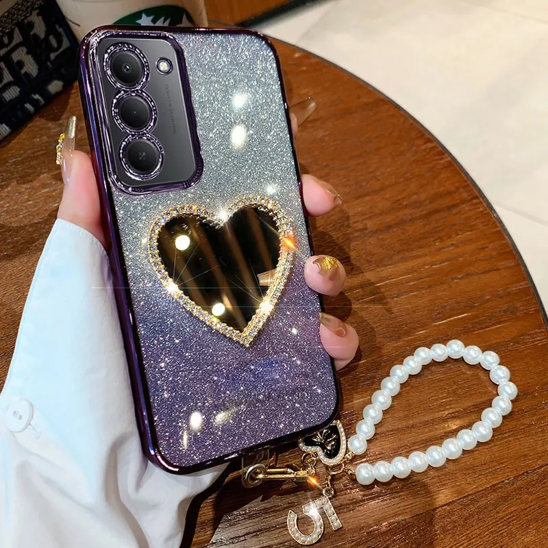 Redmi15 غطاء فاخر اللؤلؤ سوار الحال بالنسبة Xiaomi Redmi 15 4G 5G 15C POCO F7 X7 Pro 15T الماس الحب مرآة القضية مع الحبل