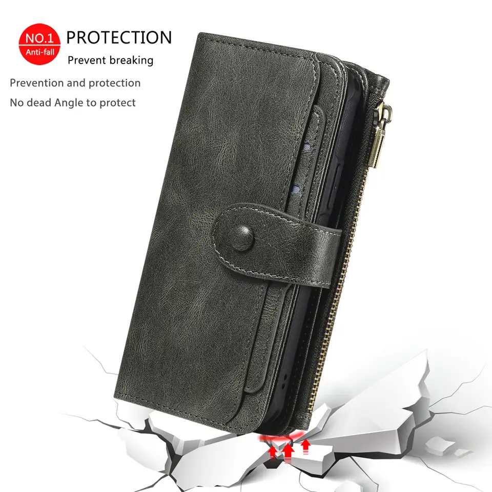Detachable Magnetic Wallet Case with Zipper Pouch for iPhone 11-15 Pro Max