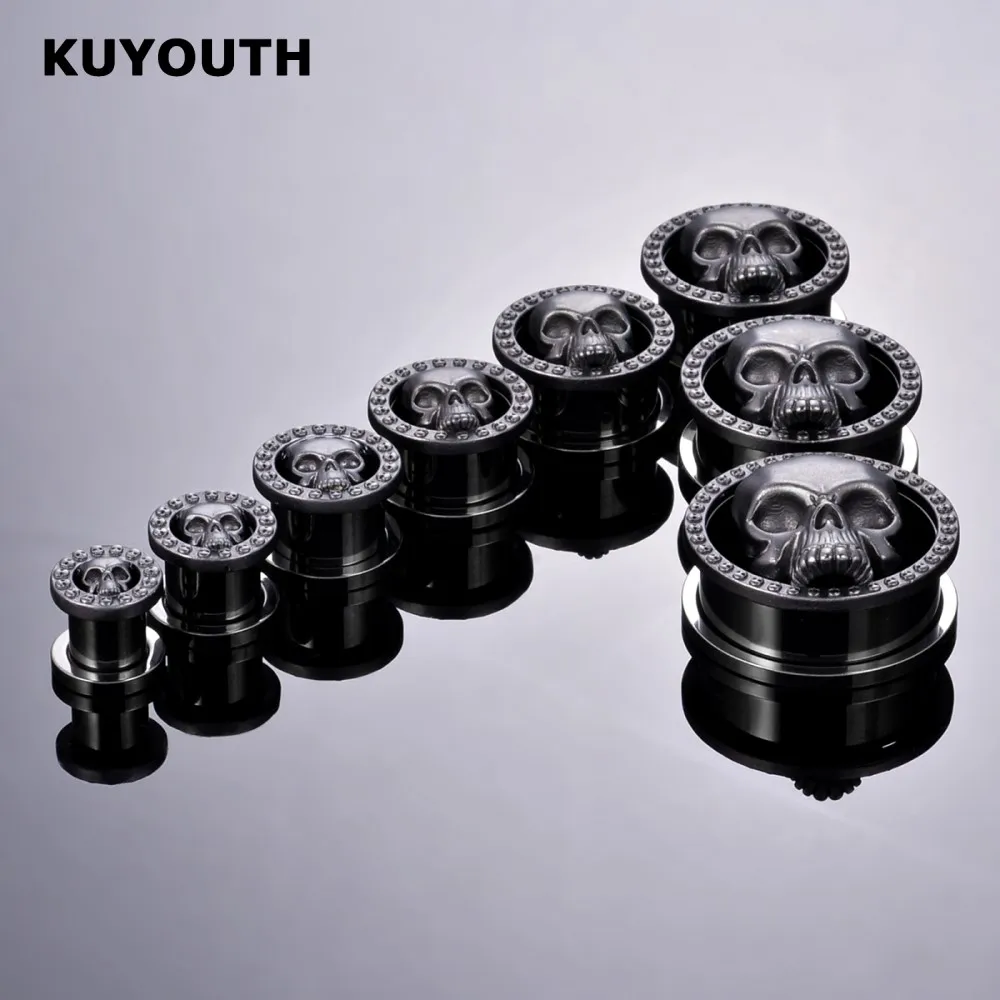 KUYOUTH Retro Stainless Steel Skeleton Skull Ear Tunnels Piercing Expanders Gauges Plugs Earring Jewelry Stretchers 2PCS