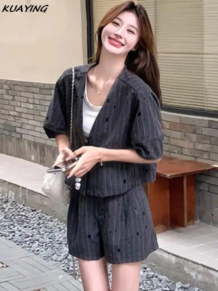 Women Striped Wide Leg Pants Two Piece Set Summer Fashion Female Street Style Short Sleeved  Shorts Suits Female Casual Outfits