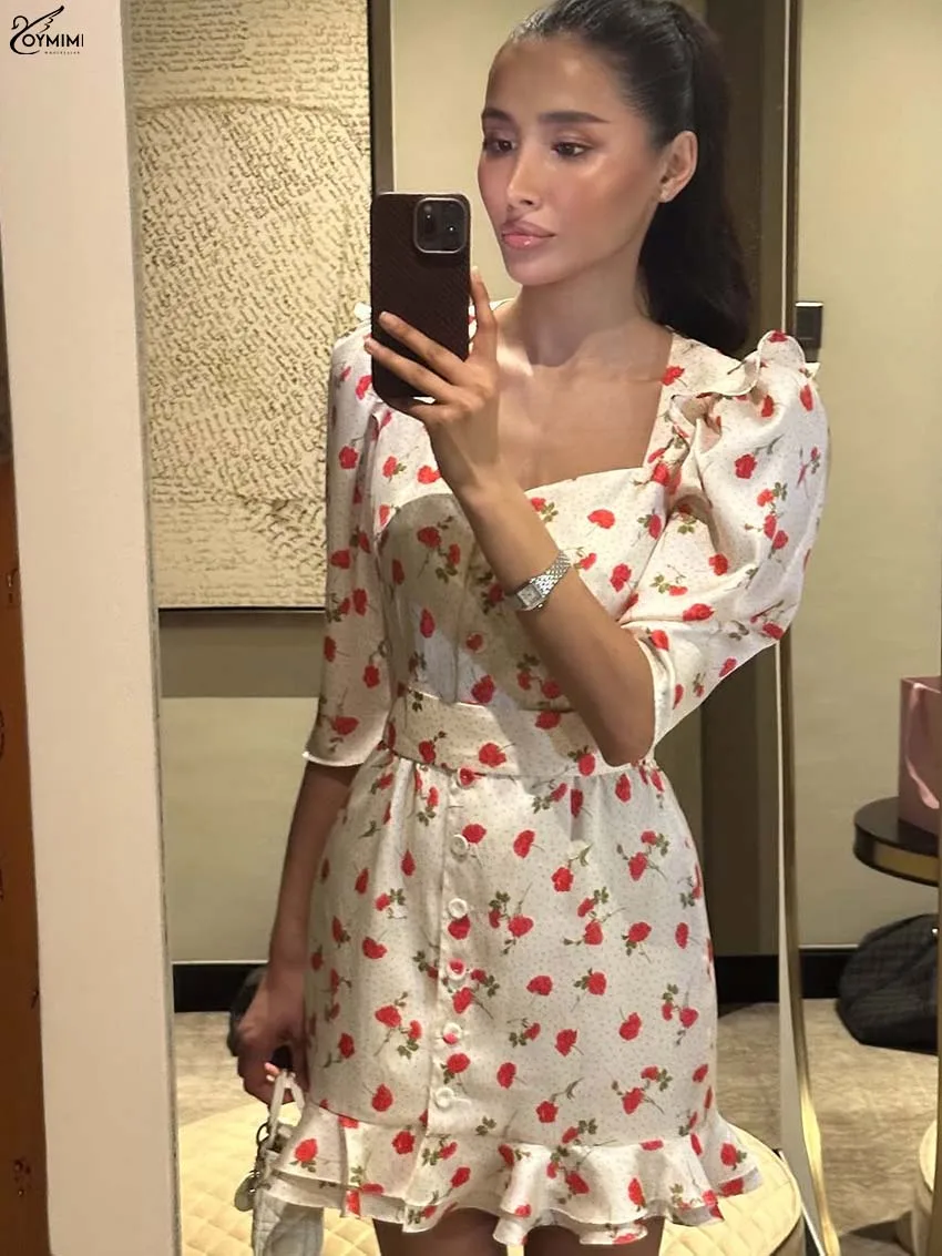 

Oymimi Fashion Beige Print Dresses For Woman Elegant V-Neck Half Sleeve Ruffled Dresses Autumn Button Slim Mini Dress Streetwear