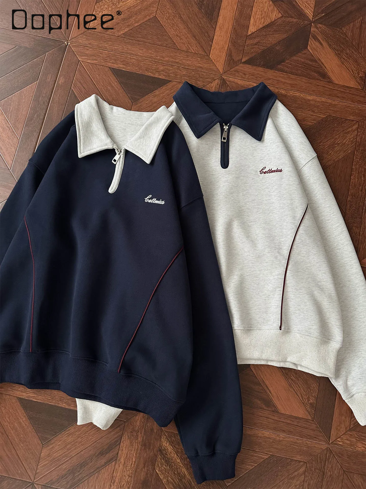 

Spring and Autumn American Retro Street Style Men's Polo Collar Gray Sweatshirt College Style Couple Casual Loose Navy Blue Top