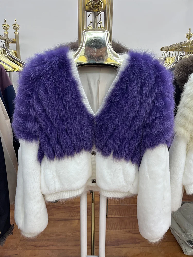 

2026 New 100% Genuine Whole Skin Real Rex Rabbit Fur Coat With Natural Fox Fur Collar Jacket Luxury Rabbit Fur Overcoat