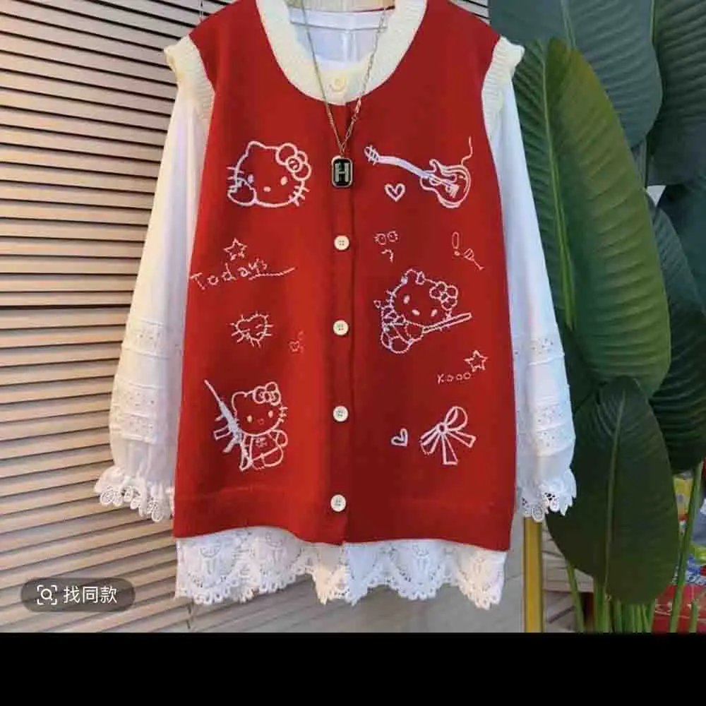 Sanrio Hello Kitty Women's Cute Knitted Tank Top Autumn/winter New Loose Printed Cardigan Large Female Student Kawaii Sweater view 2