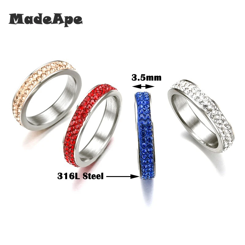 MadApe 3.5mm 2 Row CZ Zircon Wedding Ring Stainless Steel White Brown Blue Red Zircon Women Engagement Rings For Couple Jewelry