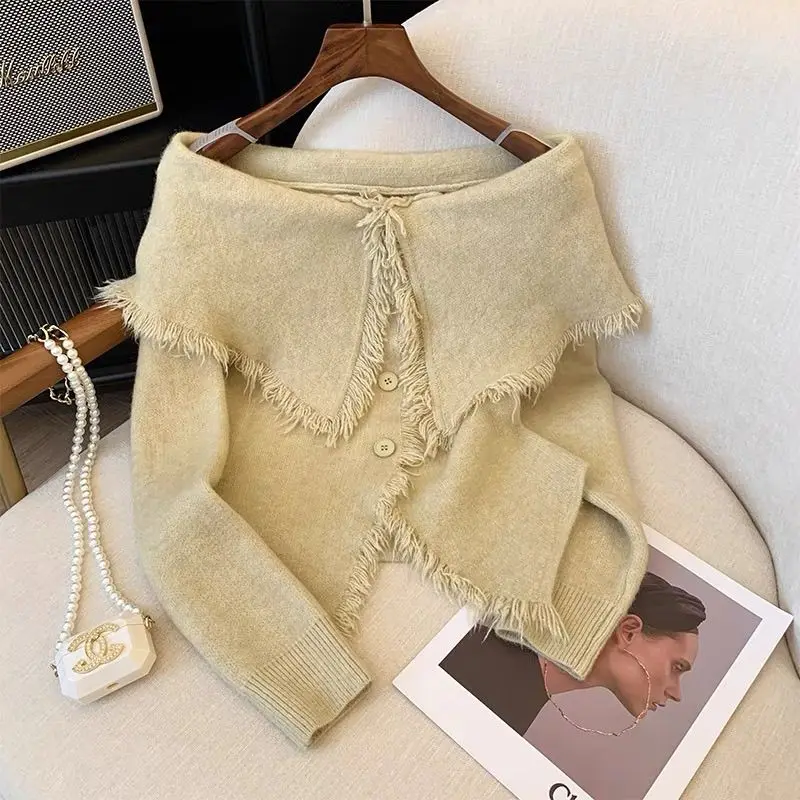 

Sweater Long Sleeve Women Chic Clothes Casual Solid Color Cardigan Tassel Fashion Tops Female Slash Neck Korean Style Black Tee