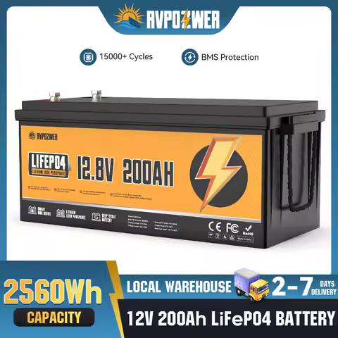 RVPOZWER 12V 200Ah Lithium LiFePO4 Battery 2560Wh Built-in BMS 15000+ Deep Cycle for Marine RV Solar Off-grid Application