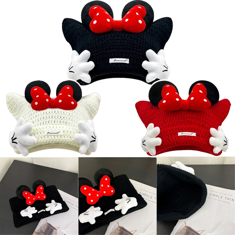 

Disney Mickey Mouse Anime Palm Knitted Cap Winter Fashion Embroidery Elasticity Beanies Women's Cartoon Knitted Caps Accessories