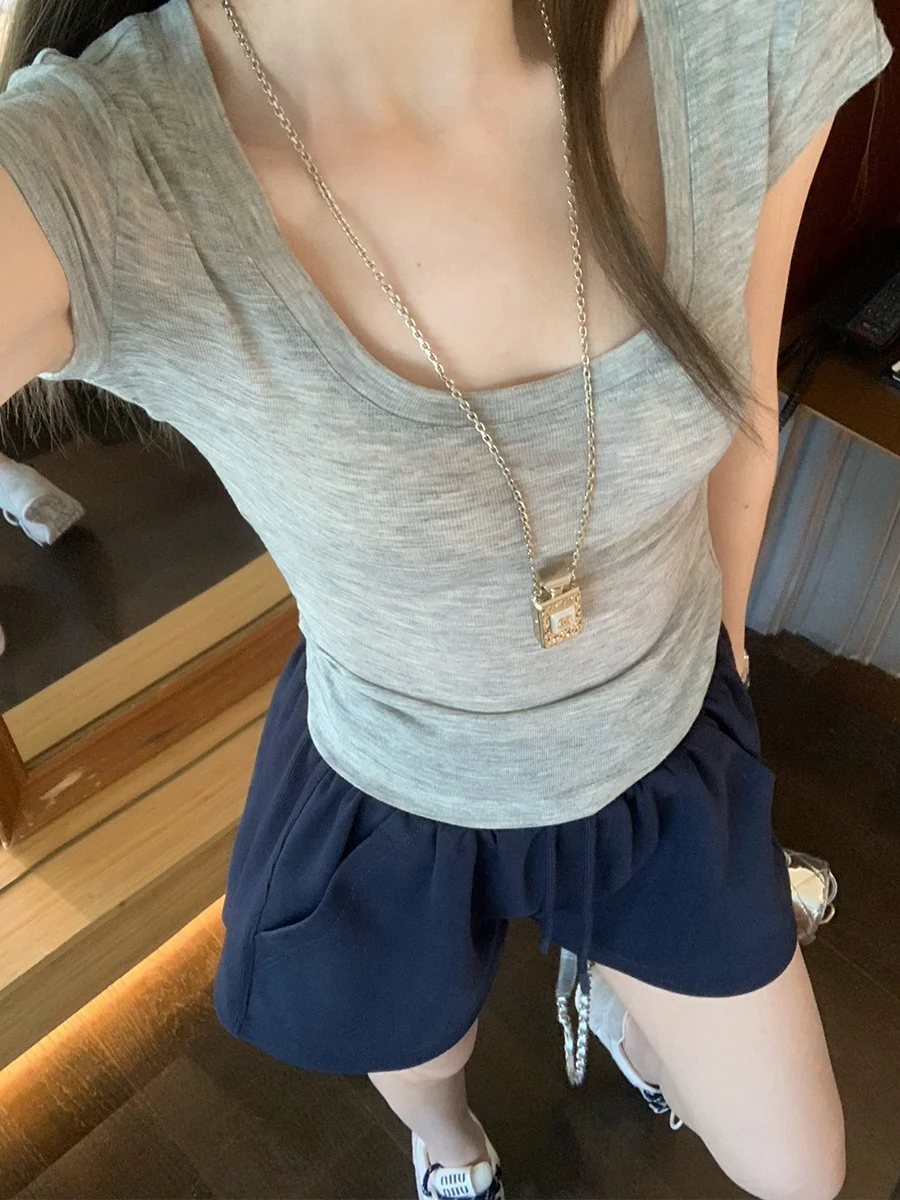 

MUKOK Simple Knitted ort Sve round Ne Basic T-irt Women's Summer Polyester Viscose Blend U-Neline Regular Fit T-irt