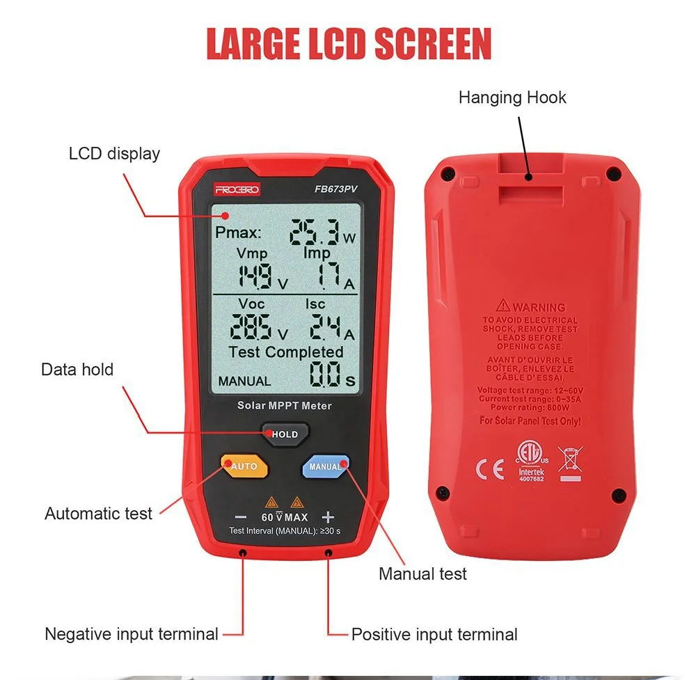 Solar Panel MPPT Tester, 800W 12-60V Open Circuit Voltage Short Current Power Meter with LCD Display Auto Manual Portable
