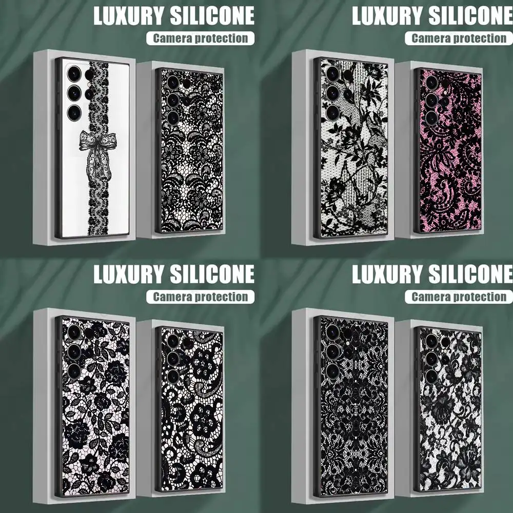 

Black lace print New Hot Phone Case For Samsung S25,S24,S23,S22,S21,S20,S10,Ultra,Plus,Lite,FE,Soft Silicone Black Cover