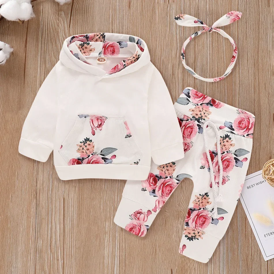 6M-4T Children's clothing Kid Baby Girl Hooded Long Sleeve Print Sweater Tops tracksuit+Floral Pants+Hairband Outfit Set