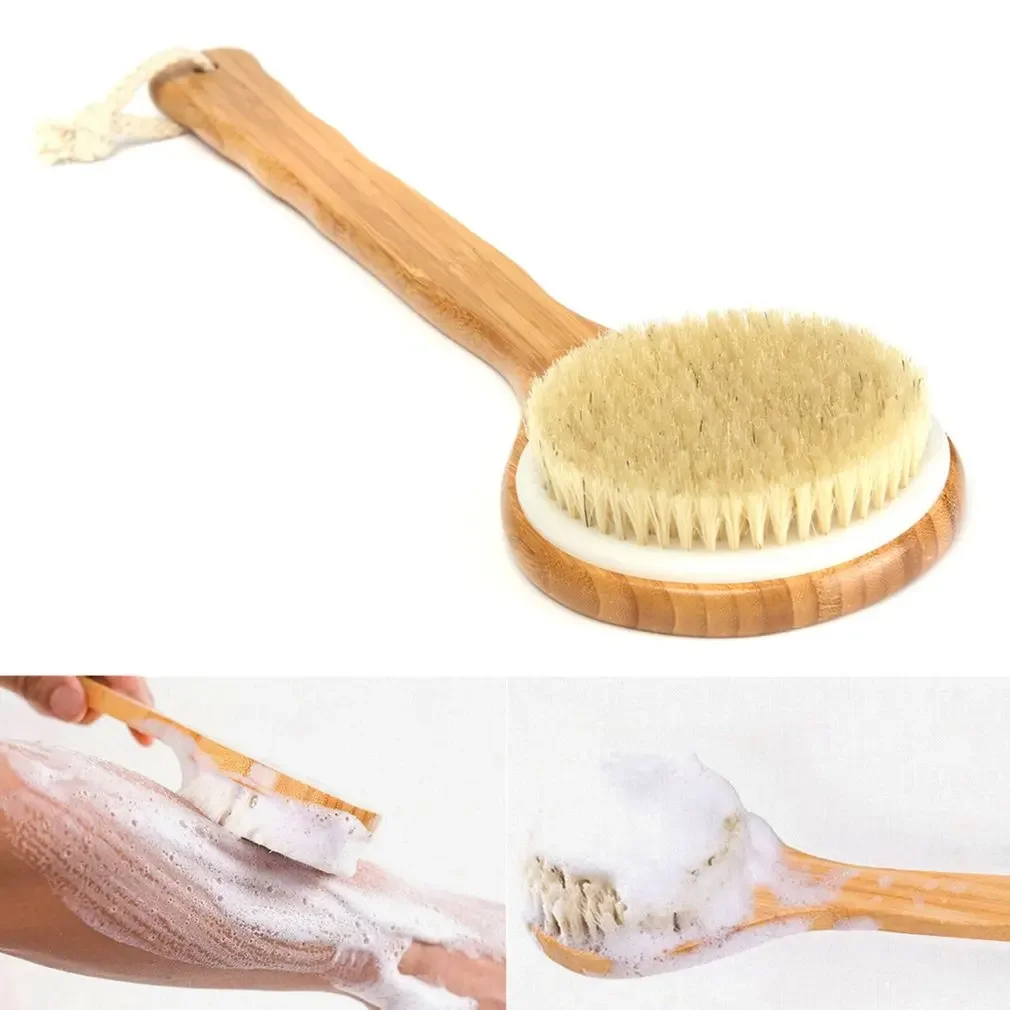 33CM Long Natural Wooden Handle Bathing Bristle Brush Body and Back Scrubber Massager Shower Brush Skin Spa For Shower Cleaning