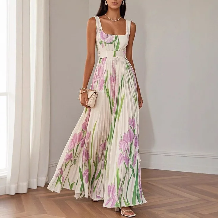 

New Women's Sleeveless Straps Summer Dress Elegant Floral Print Pleated Long Dresses Spring Square Collar High Waist Party Dress