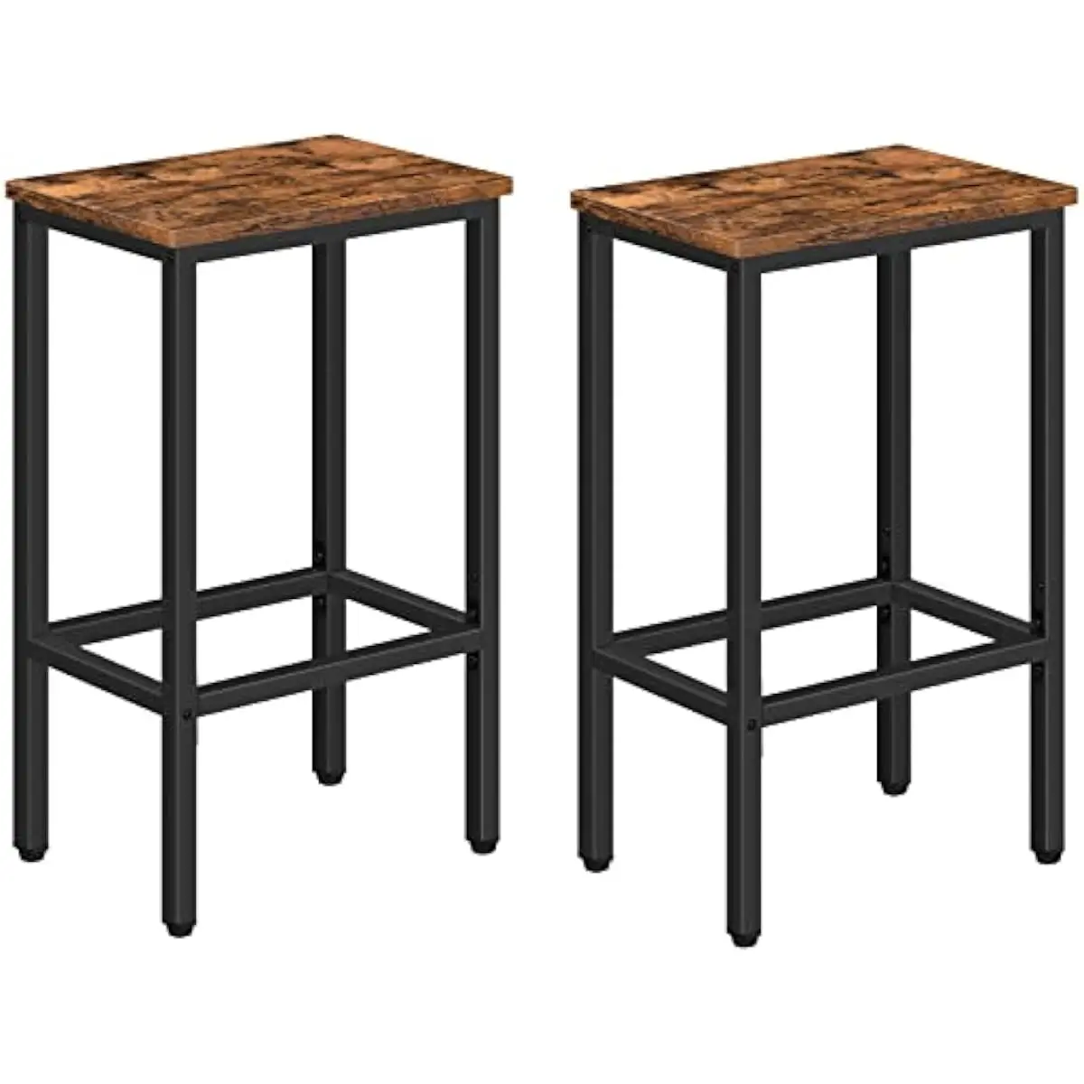 Bar Stools Set of 2 | Industrial-Style Rectangular Counter Chairs | Rustic Brown & Black Metal Frame with Engineered Wood Seat |