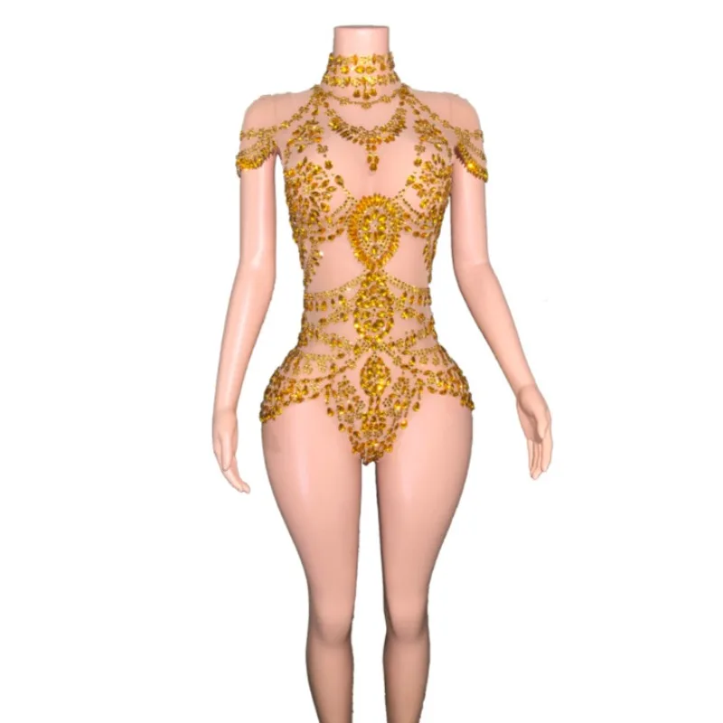 Design Sense Heavy Industry Hot Diamond Mesh Onesie Dance Suit Nightclub Bar Performance Suit Spice Girls Sexy Dresses For Women