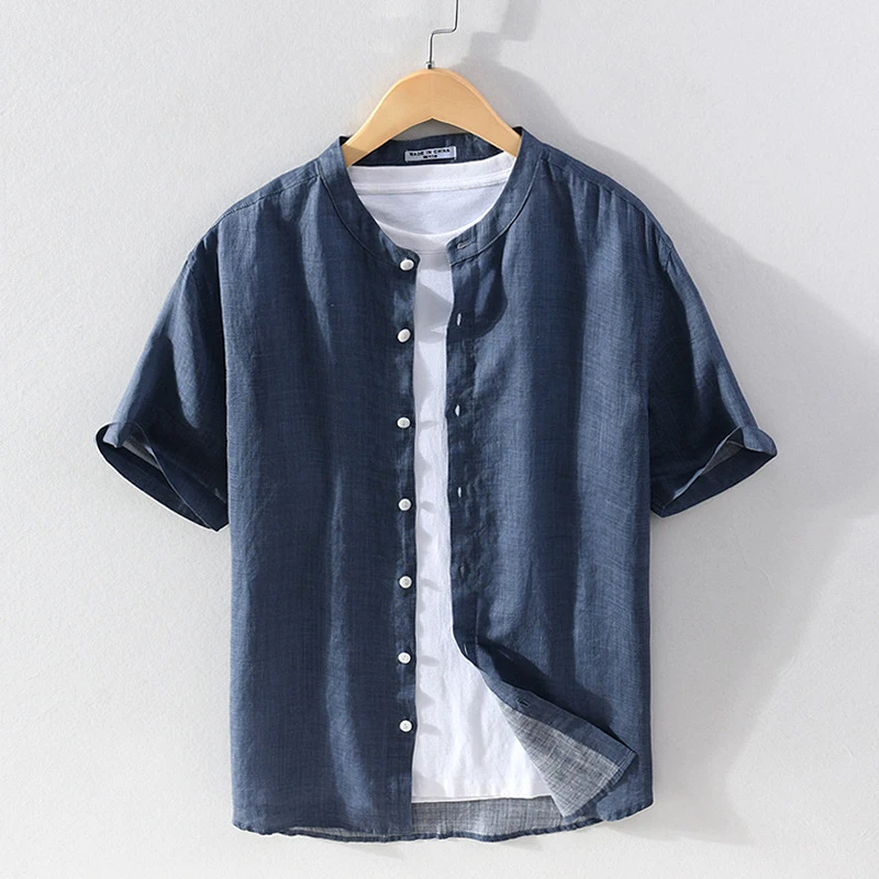 New Chinoiserie Linen Men's Short Sleeve Shirts Summer Simple Casual Youth Shirts Light Thin Stand Collar Slim Breathable Blouse