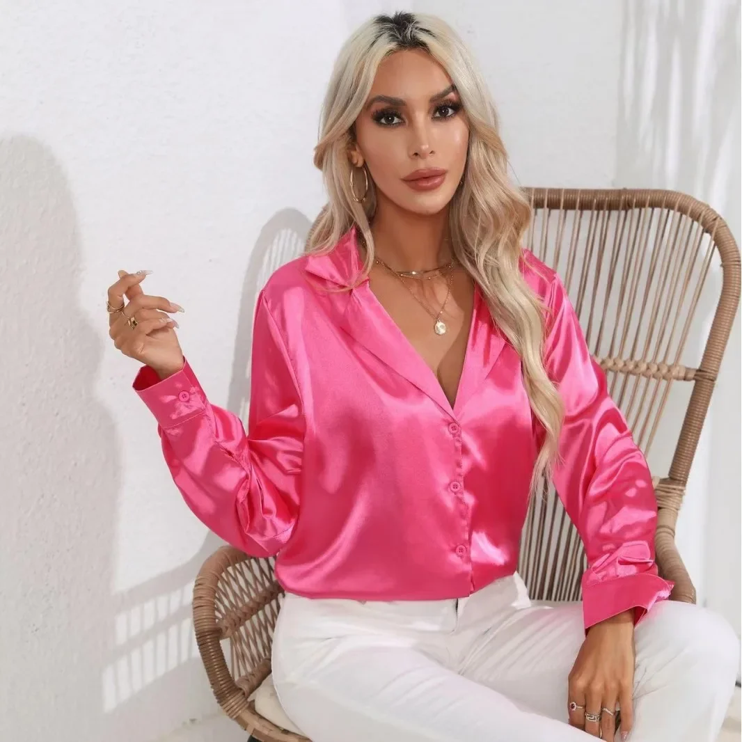 Explosive Real Shot Suit Collar Satin Shirt Women Satin Imitation Silk Long Sleeved Shirt New European And American Women