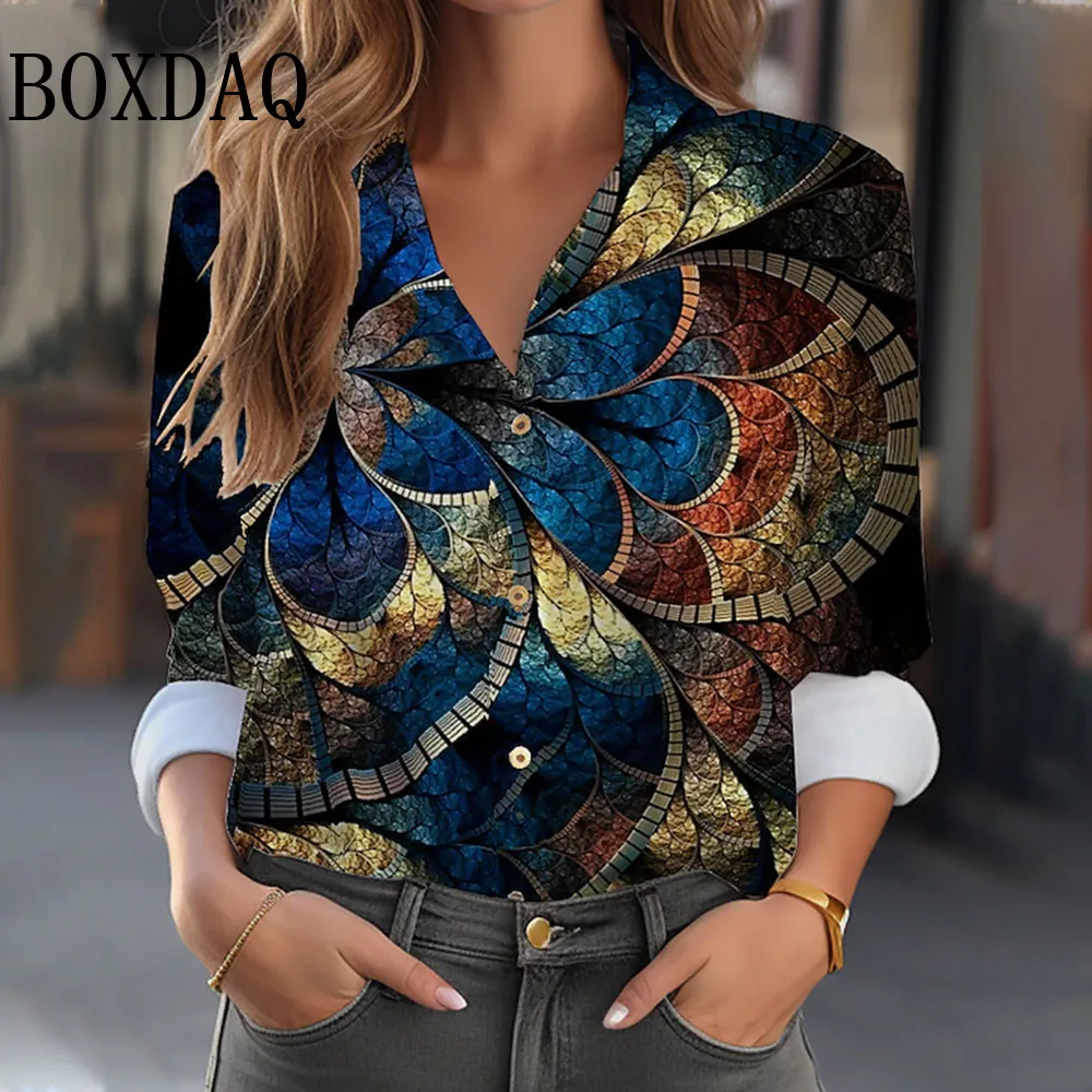 High Quality Women's Shirts Elegant 3d Green Floral Print Long Sleeve Blouses Plus Size Casual Lapel Tops For Women Clothes 2025