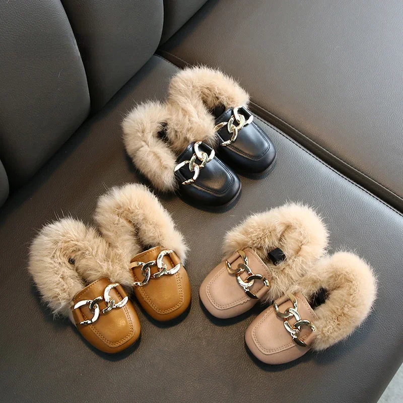 2024 New Girls Brand Design Kids Warm Plush Shoes Child Luxury Real Rabbit Fur Mules with Metal Chain and Elastic Band Children