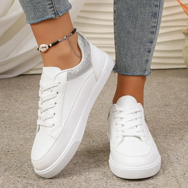 Women's White Glitter Heart Sneakers - Lace-Up Low Top Casual Walking Shoes with Silver Trim for Daily Wear view 3
