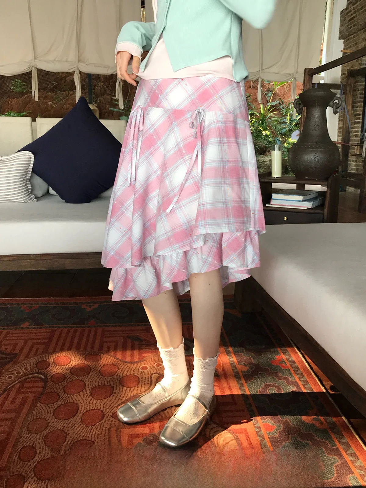 

Юбка-трапеция с завышенной талией для женщин, весенняя, для повседневной носки, цвета: персиковый, кленовый, нежно-розовый, белый, с узлом, коллекция Cheese Day Initial