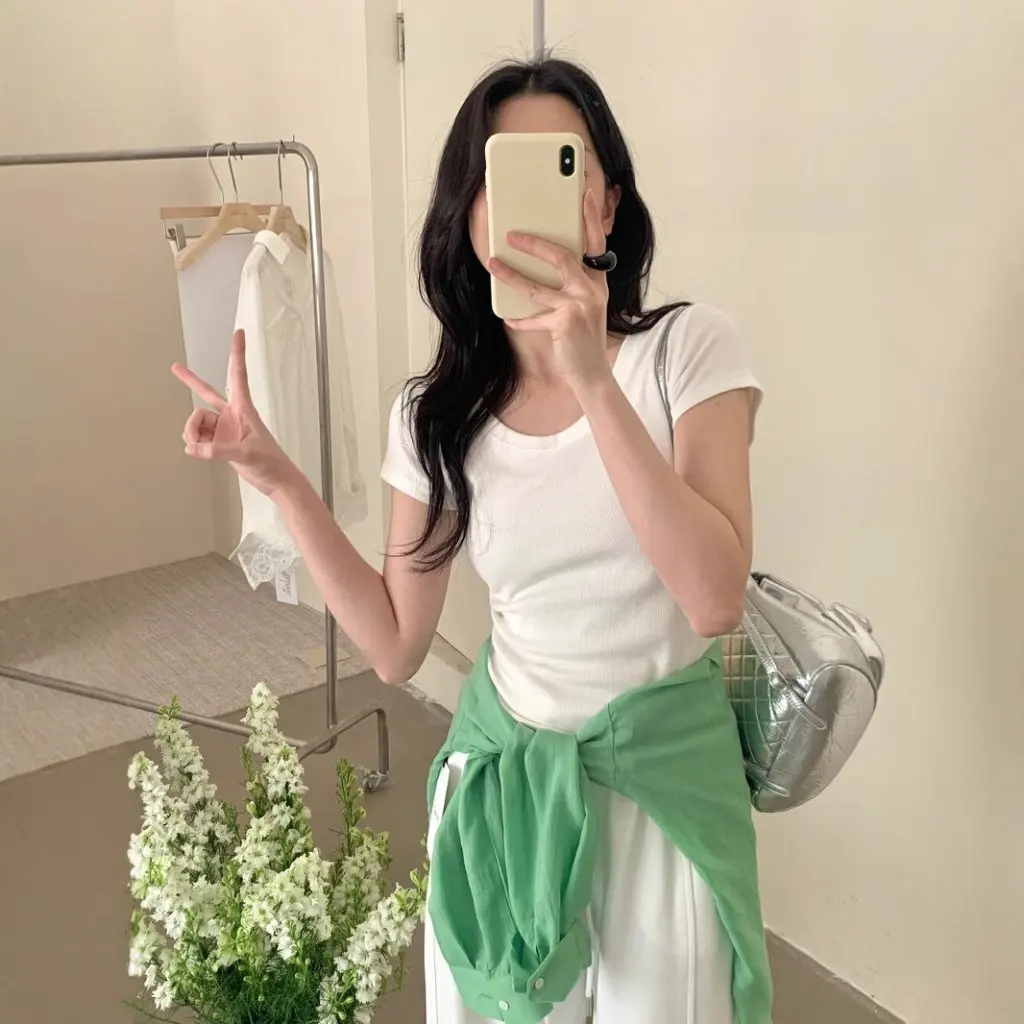 

Limon Women's Slim-fit Short-sleeved T-shirt Lemon Green Tea Shoulder Detail Summer New Style Top