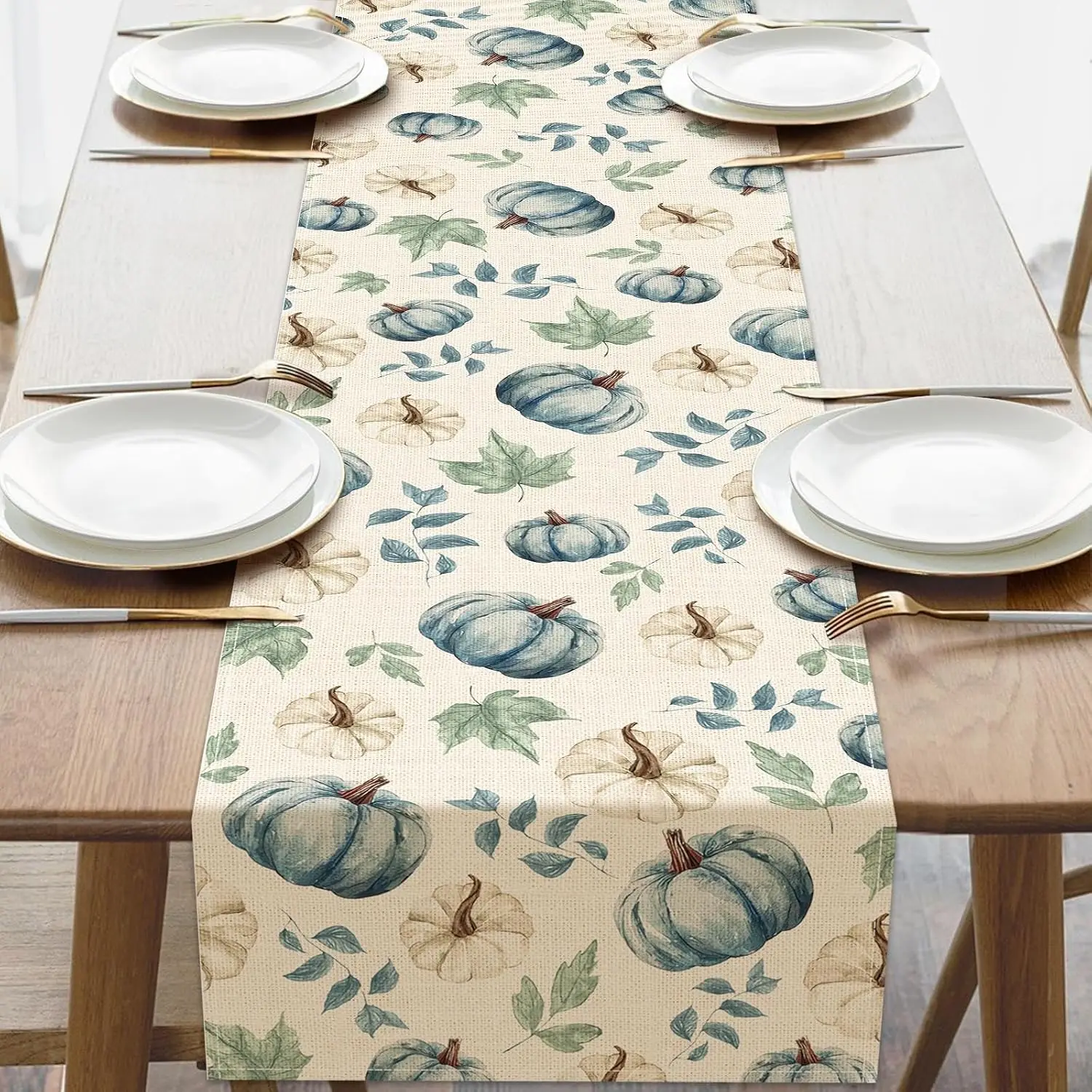 Fall Harvest Pumpkin Maple Leaves Linen Table Runner Holiday Party Decor Reusable Kitchen Dining Table Runner Autumn Decorations