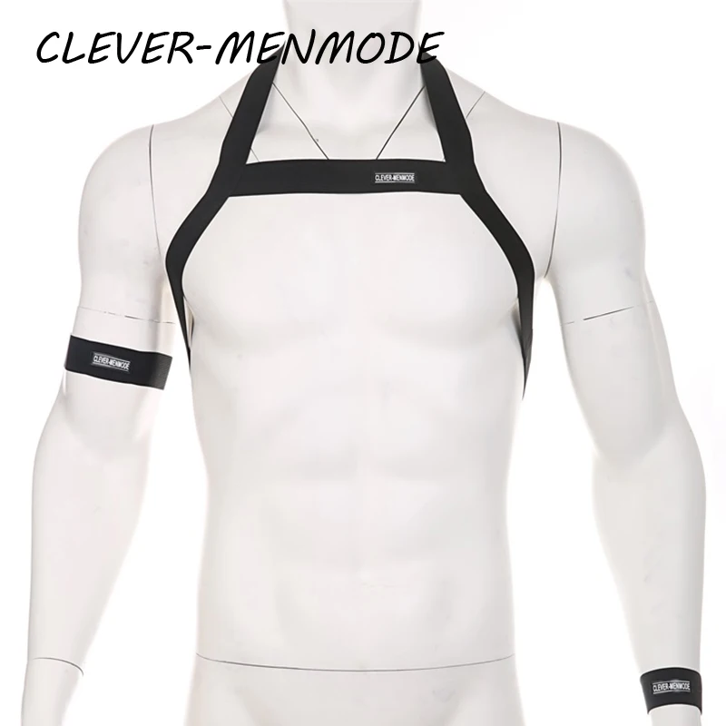 CLEVER-MENMODE Men\'s Sexy Harness Set BDSM Bondage Elastic Body Belt with Armband Wristband Chest Neck Halter Club Nightwear