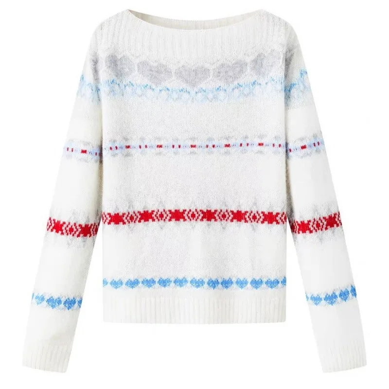 بلوفر تريكو مخطط برقبة دائرية سترة نسائية كورية للخريف سترة هاراجوكو عتيقة بأكمام طويلة ناعمة ومريحة من الكشمير #5