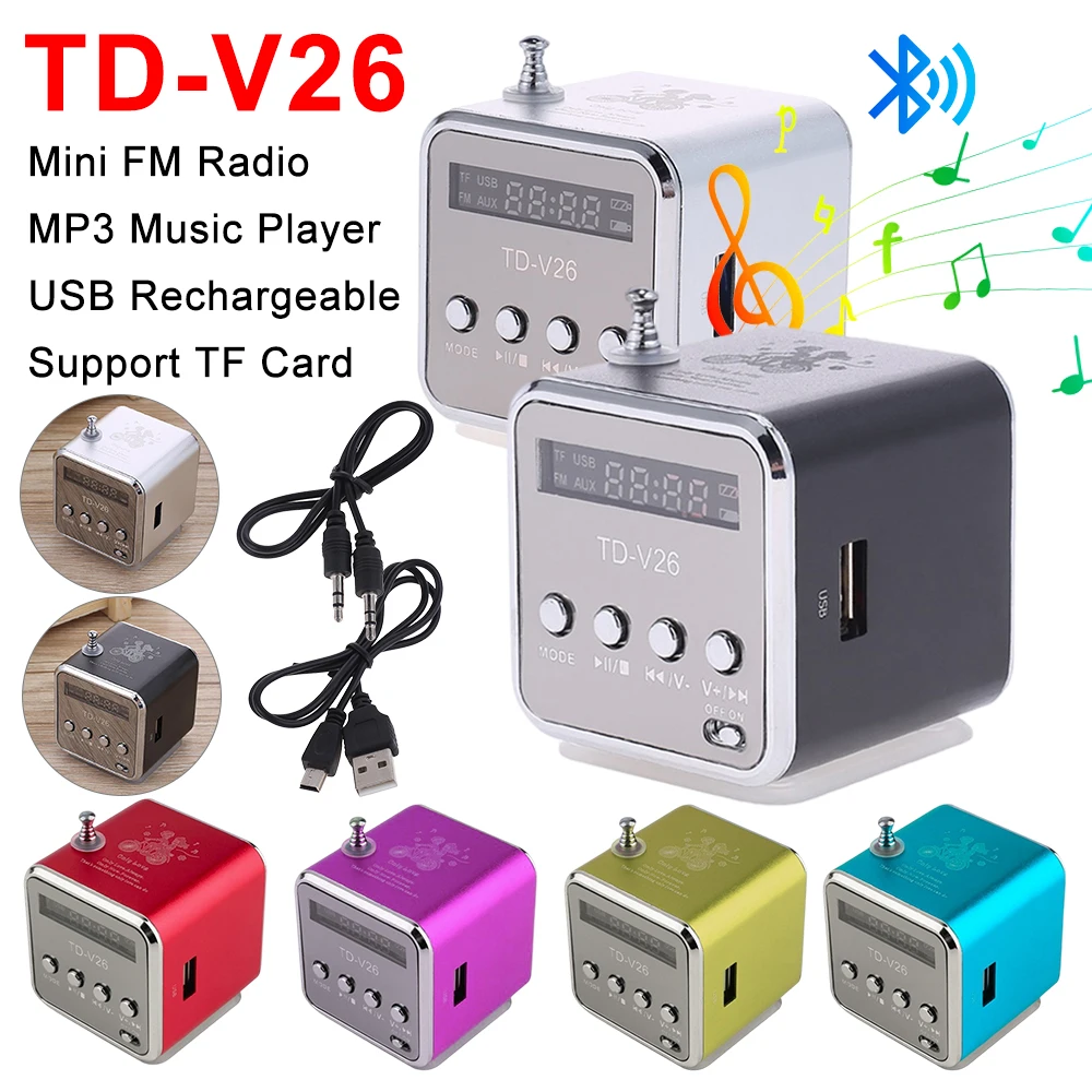 TD-V26 Rechargeable Mini FM Radio Portable Radio AUX Stereo MP3 Music Player Bluetooth Built-in Speaker Support Micro TF card