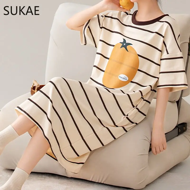 ¡100% algodón! SUKAE-camisones de manga corta para mujer, ropa de dormir informal, vestido de ocio a la moda, novedad de verano