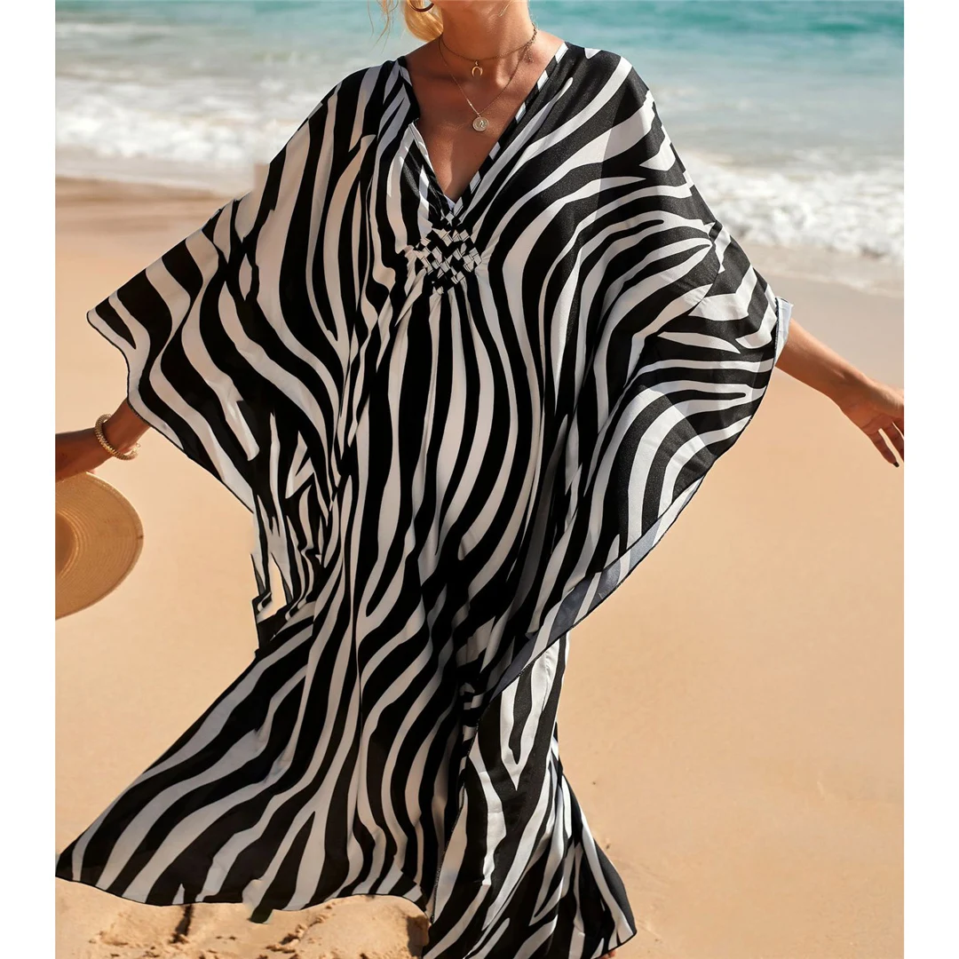 Sexy Tunika mit Zebra-Muster und V-Ausschnitt, Strandkleid, Strandmode, langes Strandkleid für Damen, V4159 – Detail 12