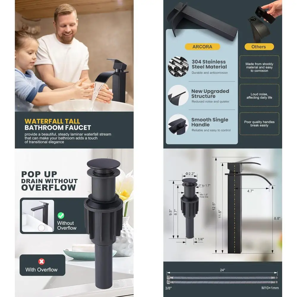 

Single Hole Oil Rubed Bronze Tall Bathroom Faucet with Pop-Up Drain and Waterfall Design