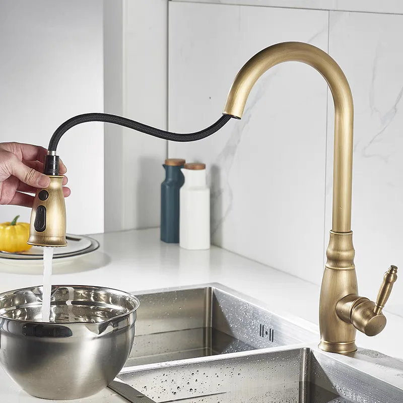 Antique Style Pull-out Hot and Cold Kitchen Faucet Expandable and Rotatable Multifunctional Retro Brass Sink Mixer Faucet