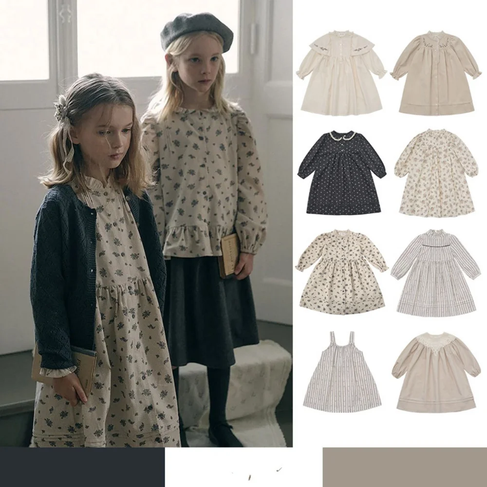 in Stock 2025 Cotton Printed Embroidered Long Sleeve Girls Outfit Base Layer Dress
