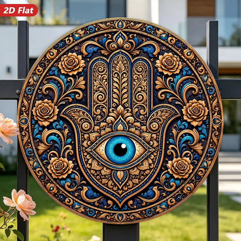 2D Flat, Round Metal Aluminum Sign Wall Art, Hamsa Hand Wall Art, Floral Motifs, Bohemian Style, Home Decor, for Indoor Decor