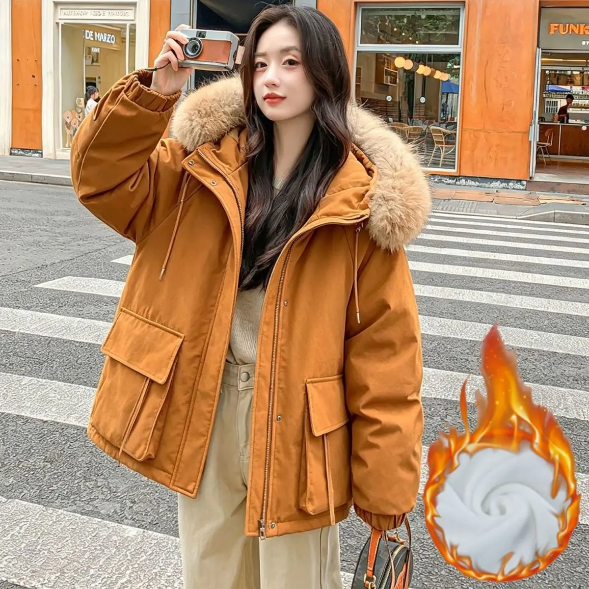 Detachable Large fur collar Plush Thick Cotton Jacket 2026 Autumn Winter New Warm Parker COAT Women's Medium long Cotton Jackets