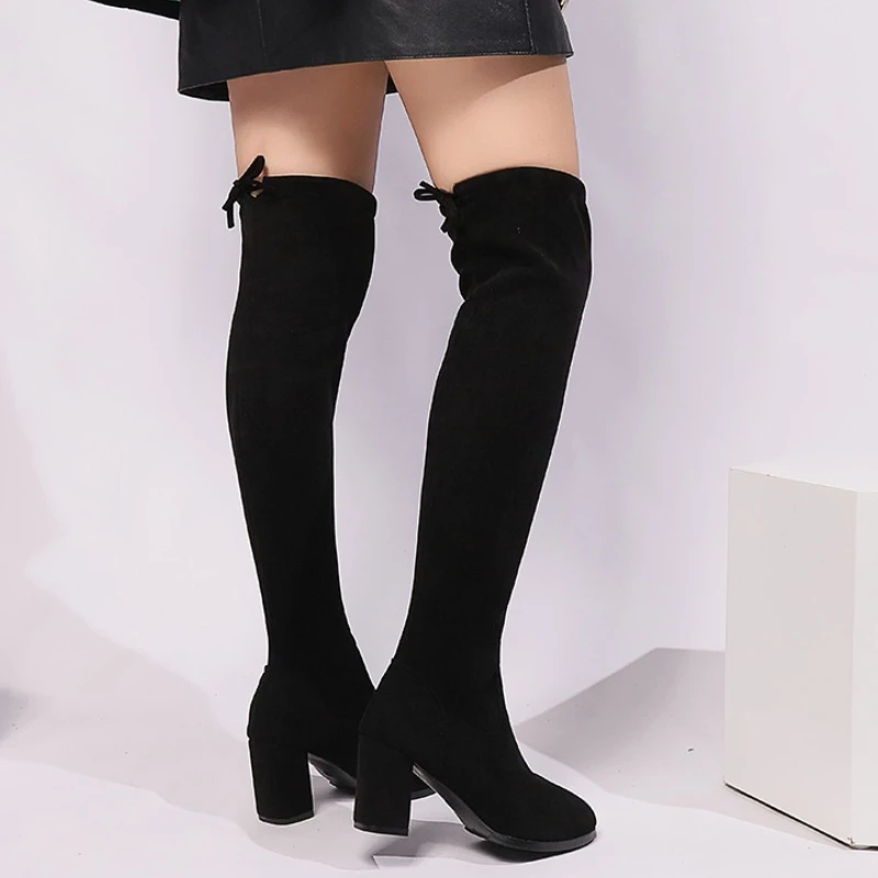 

Зимние эластичные тонкие сапоги выше колена, женская модная обувь на толстом каблуке, длинные ботильоны до бедра, Zapatos De Mujer