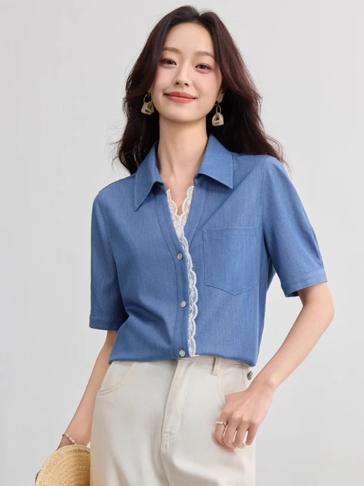 

SENTUBILA Short Sleeve Shirt Women's 2025 Summer Contrast Color Design V-neck Turn Down Collar Lapel Lace Shirt Tops Q52CD2026