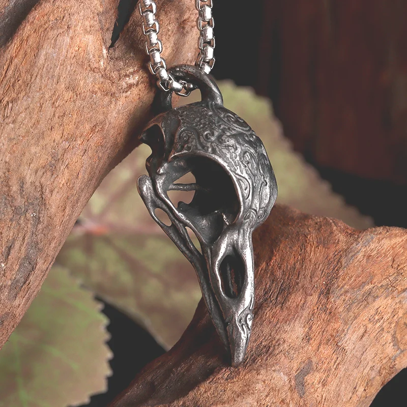 Gothic Vintage Norse Gods Odin Raven Skull Pendant Necklace for Men Fashion Punk Hip Hop Rock Jewelry